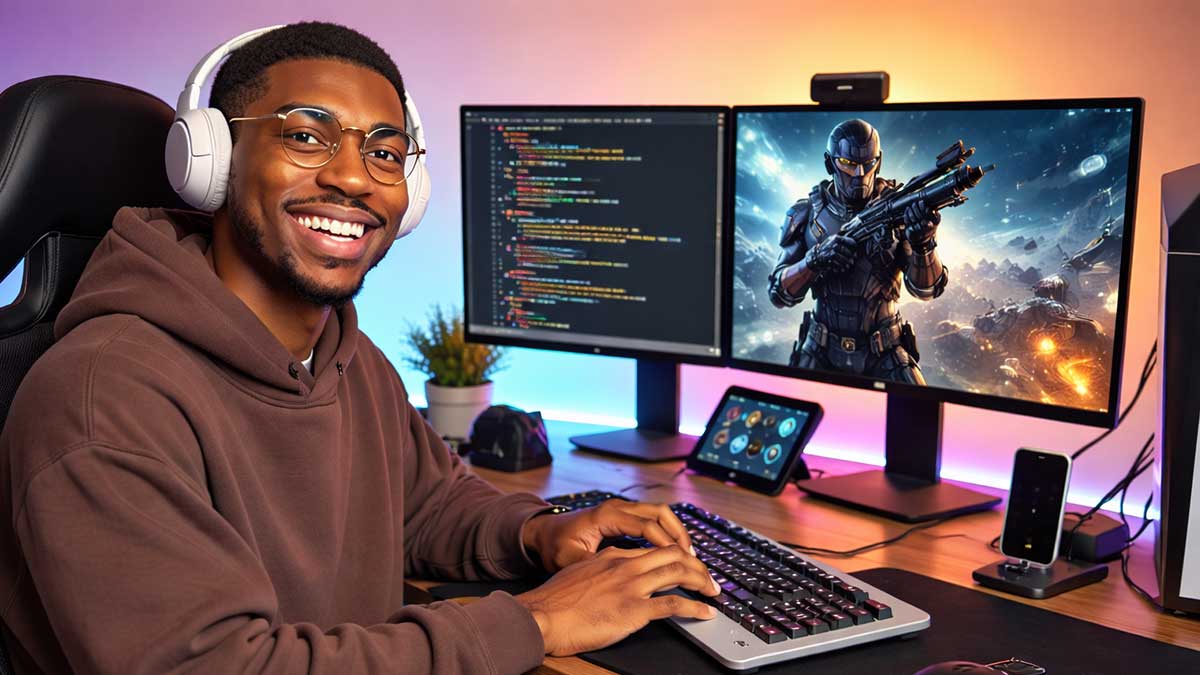 Sheed working at his dual monitor coding and gaming desk setup