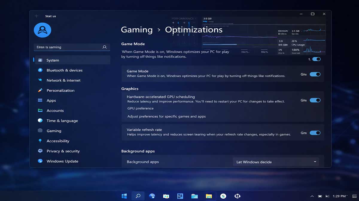 Screen showing Windows optimization settings for higher FPS