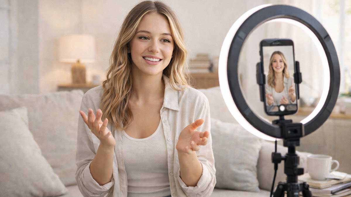 Female lifestyle creator filming a social media video at home