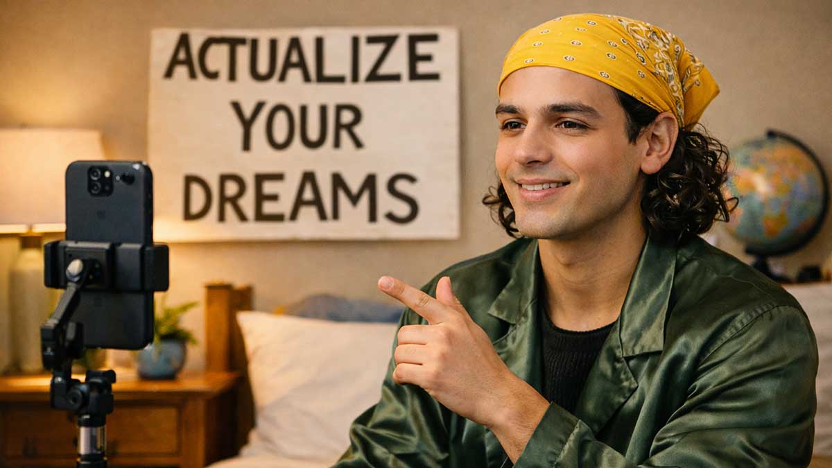 Male lifestyle creator filming social media content at home