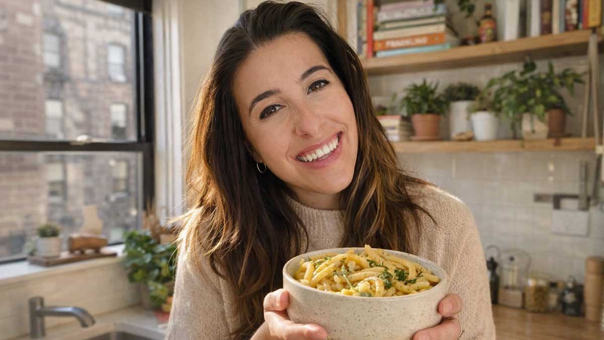 Alexa Santos smiling while holding a bowl of homemade pasta in her kitchen