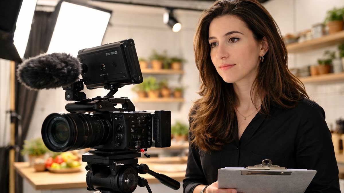 Alexa Santos operating a camera and cooking on a professional set