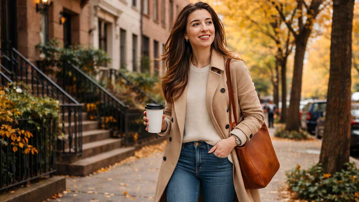 Alexa Santos walking down a New York City street in a stylish outfit