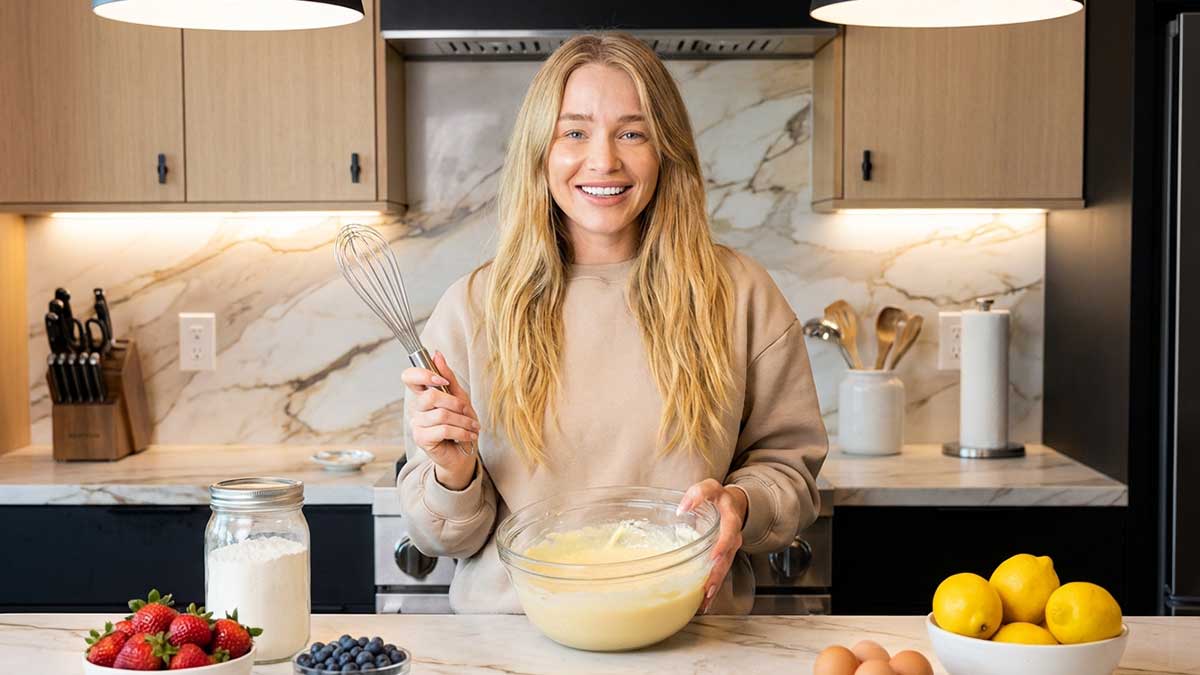 Alix Traeger smiling in her home kitchen holding a finished dish