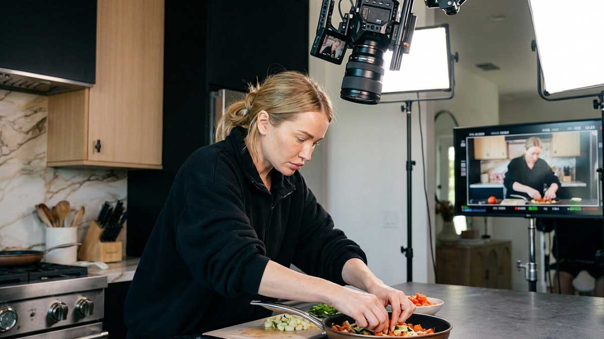 Behind the scenes of Alix Traeger filming a viral food video overhead shot