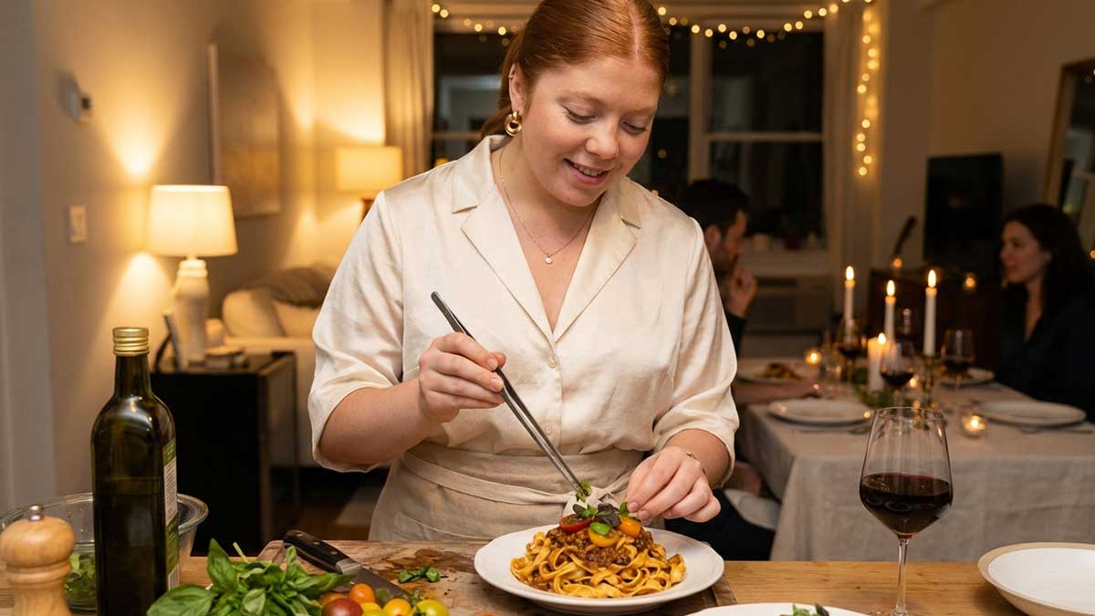 Anna Goff plating a gourmet pasta dish in a modern kitchen for a dinner party