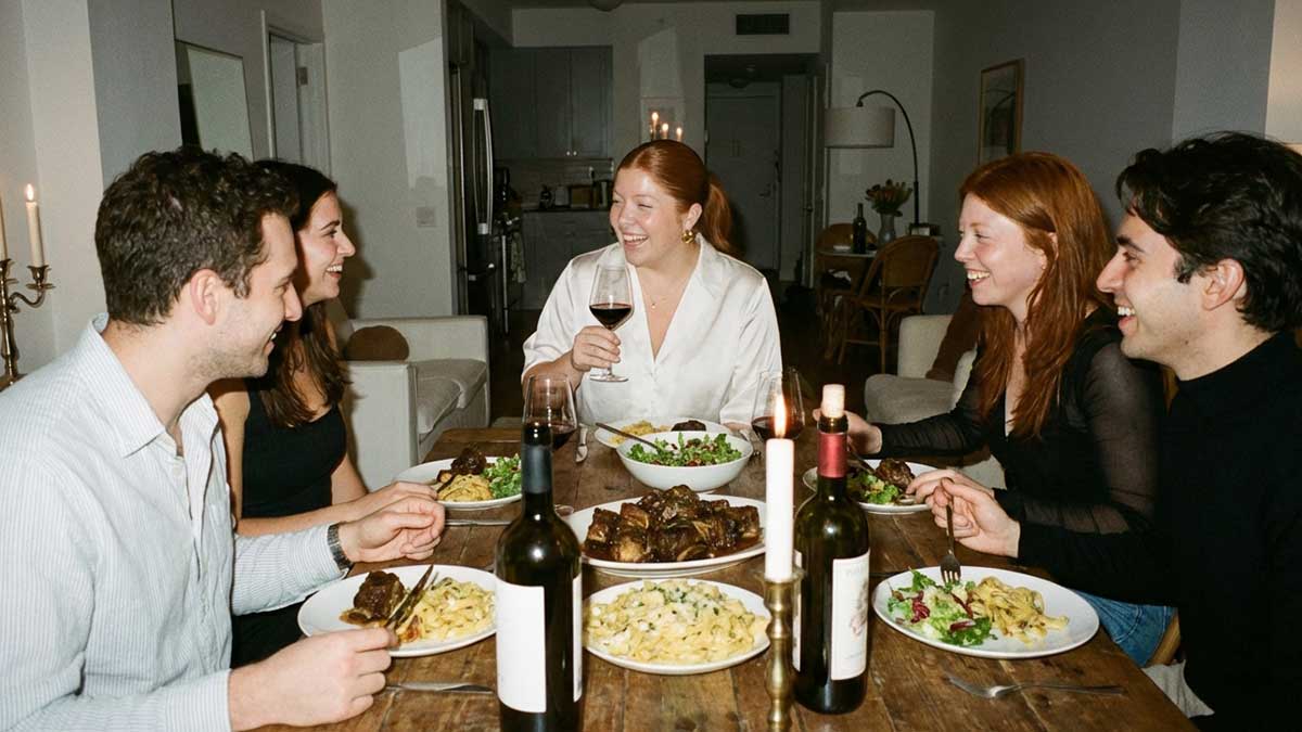 A candid shot of a dinner party table setting hosted by Anna Goff with friends laughing