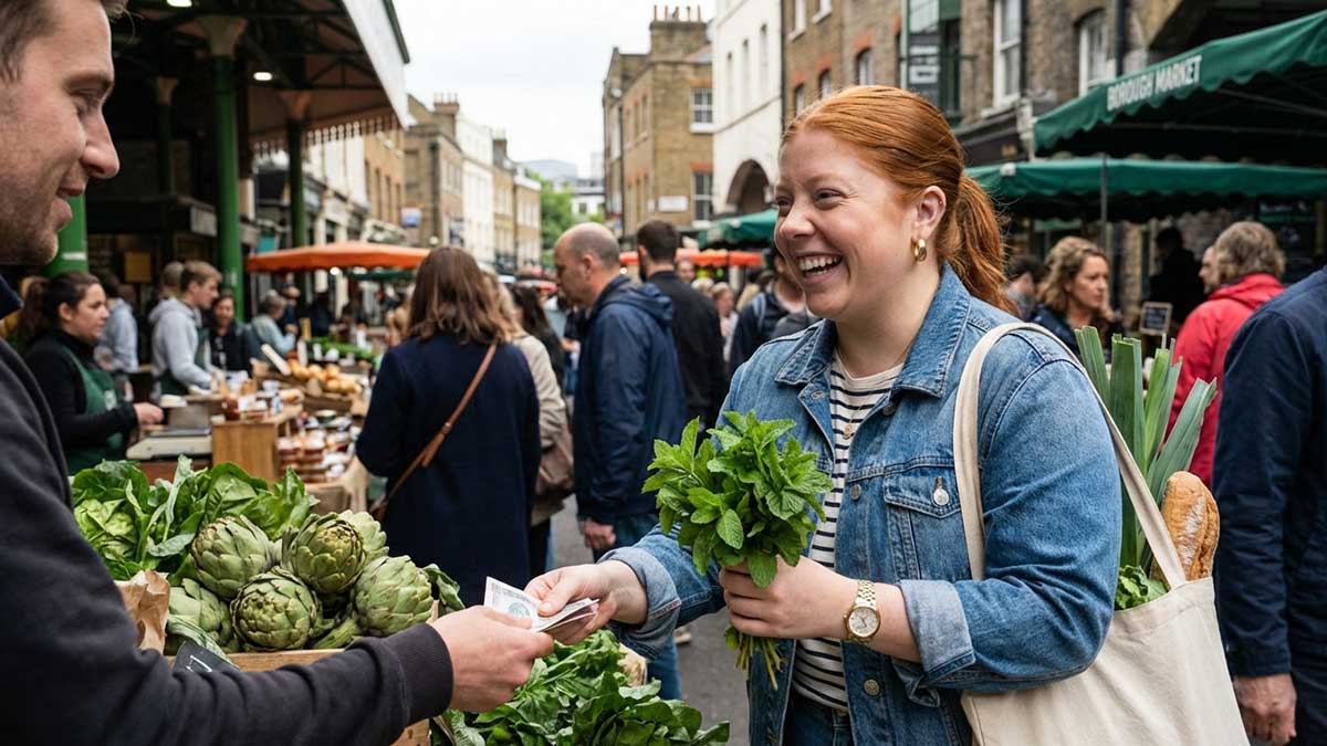 Anna Goff shopping for fresh produce at a London market with a tote bag