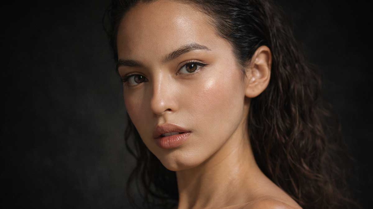 A high resolution close up of Beca Michie's face showing her makeup