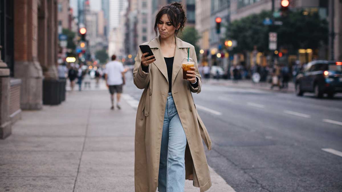 A candid photo of Brooke Averick laughing with an iced coffee
