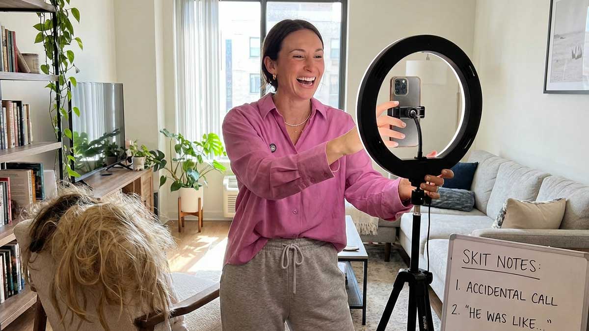 Screenshot of a viral Corporate Natalie TikTok skit featuring her 'work from home' character