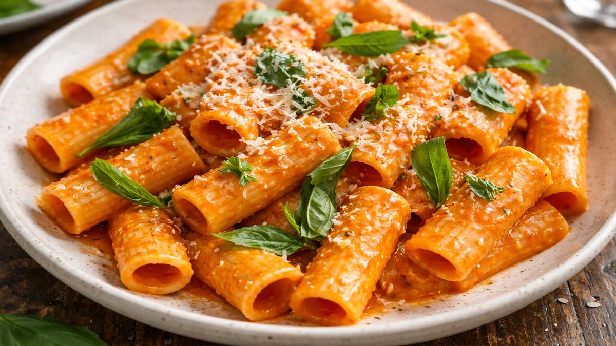 A close up high quality shot of Alexa's signature vodka sauce pasta