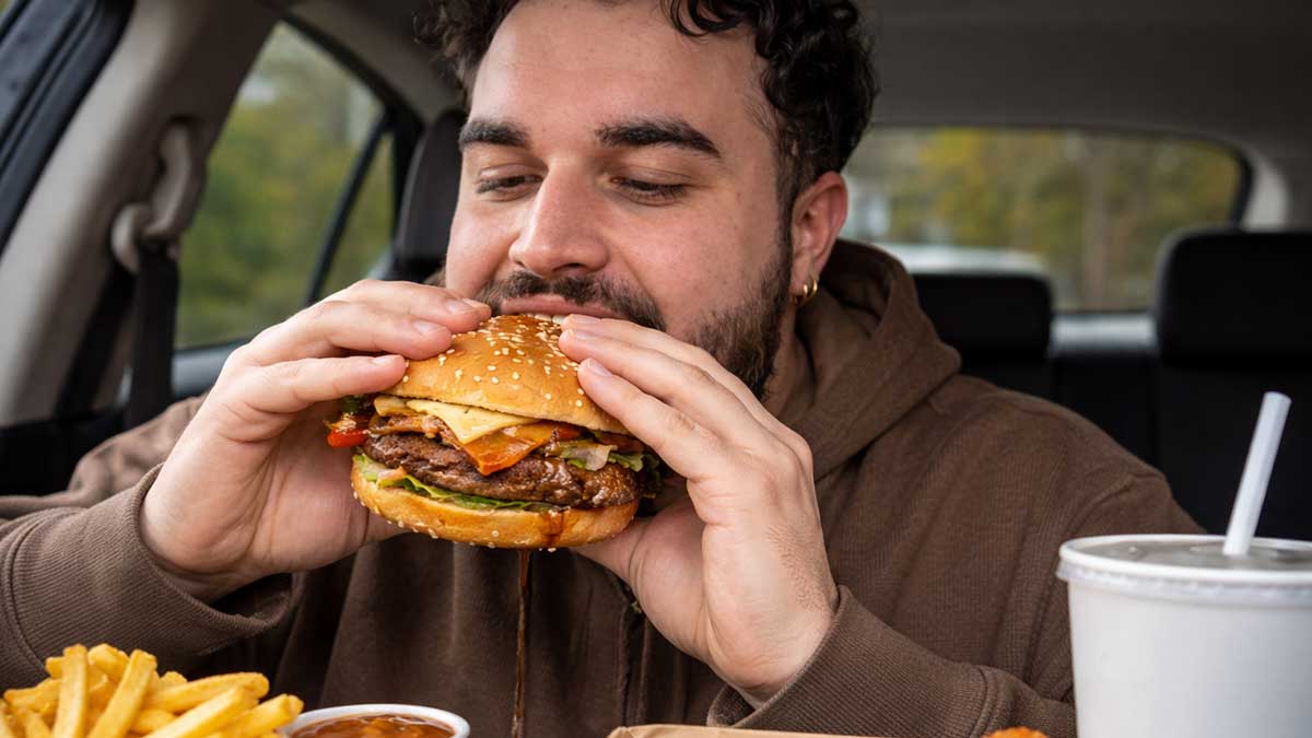 GuacBites eating a burger in his car, a classic mukbang setting
