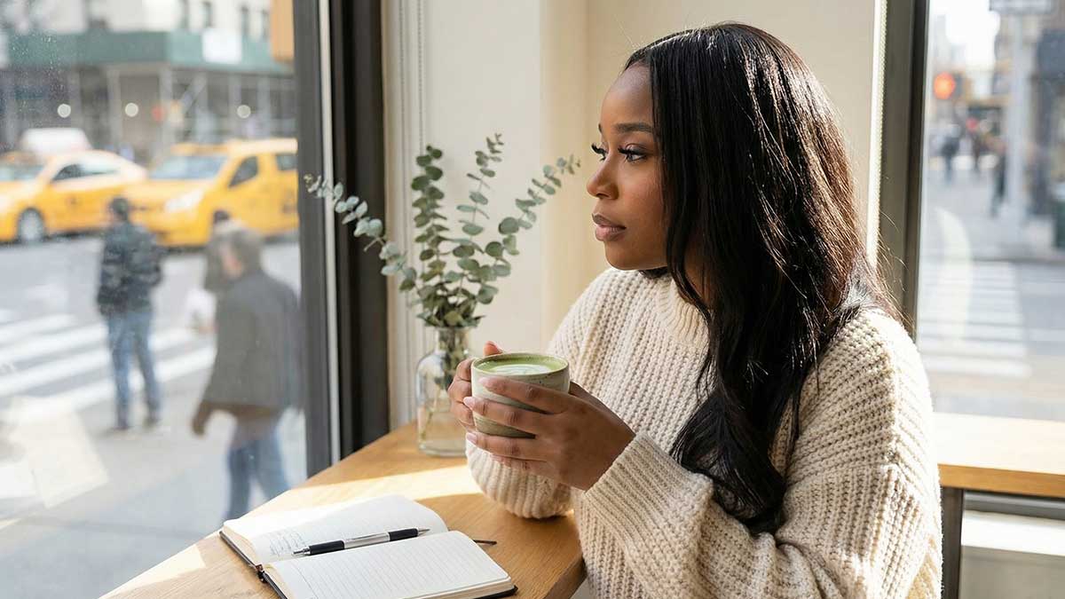 Hikari Fleurr posing elegantly in a New York City cafe with a latte and notebook
