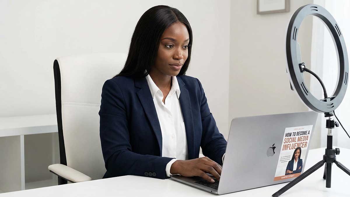 Hikari Fleurr working on her laptop in a stylish home office with her e-book visible