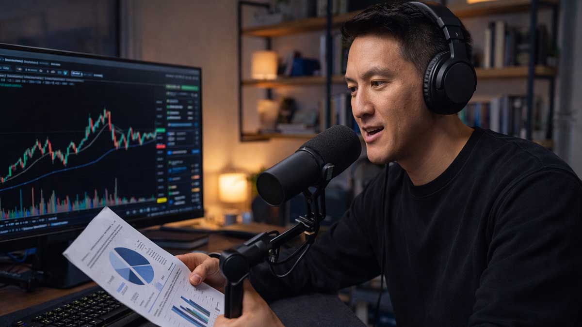 Humphrey Yang in his studio analyzing financial data and recording a podcast.