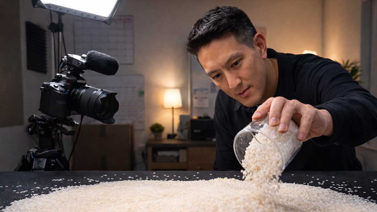 Humphrey Yang behind the scenes creating his viral rice visualization video.