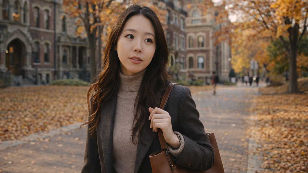 A photo of Hybee on the UPenn campus looking scholarly and stylish