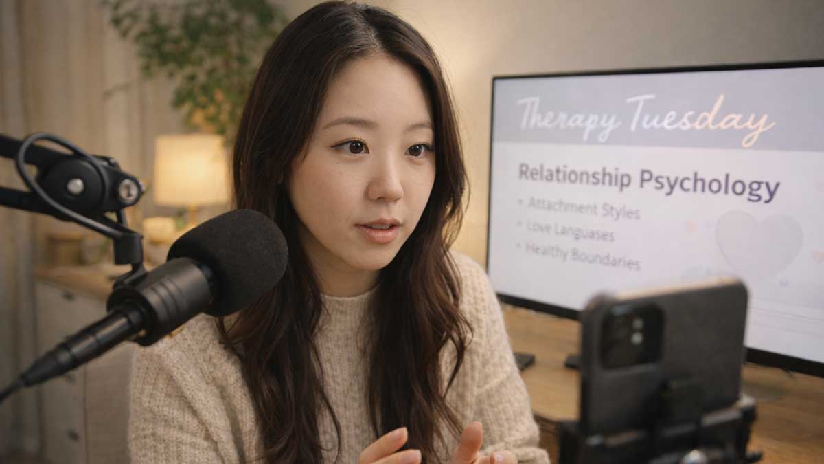 Hybee gesturing while explaining a relationship concept with text overlays
