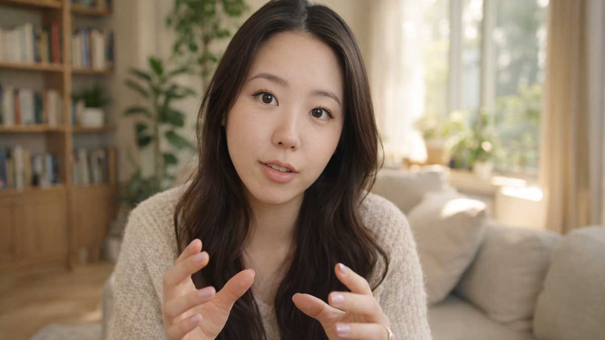 Hybee sitting in a cozy room talking directly to the camera giving advice