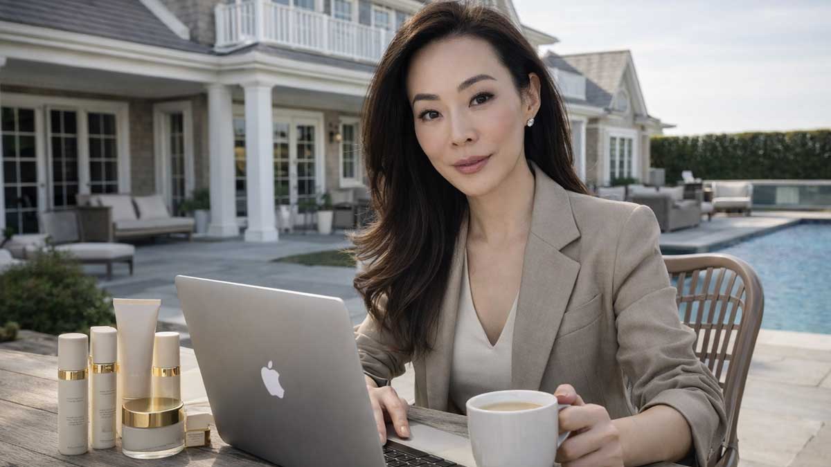 Jessica Lee relaxing in a luxury Hamptons home garden with a summer outfit