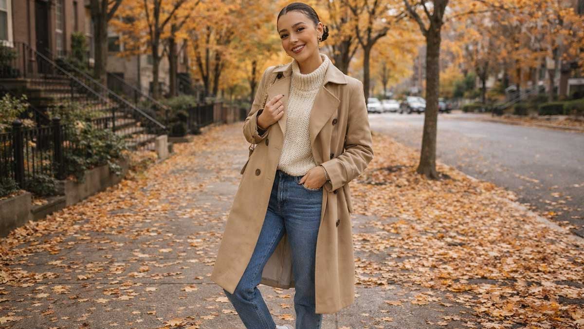 Kaylee Marina posing outside wearing a stylish fall outfit with a trench coat