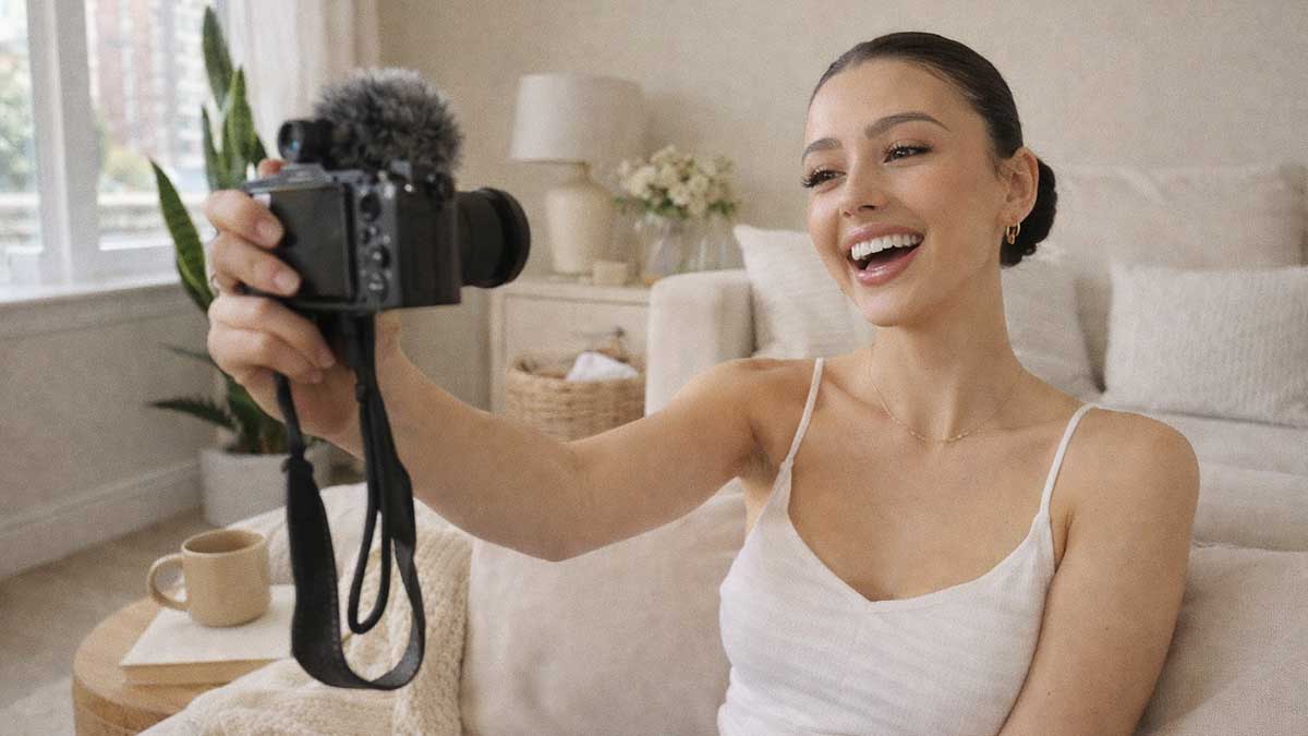 Kaylee Marina holding a camera in her aesthetically decorated first apartment