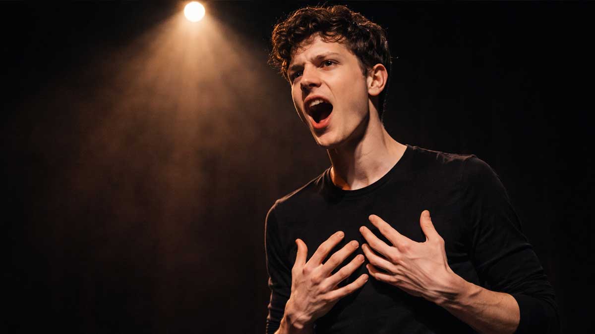 Luke Preute performing in character with dramatic lighting and a hood