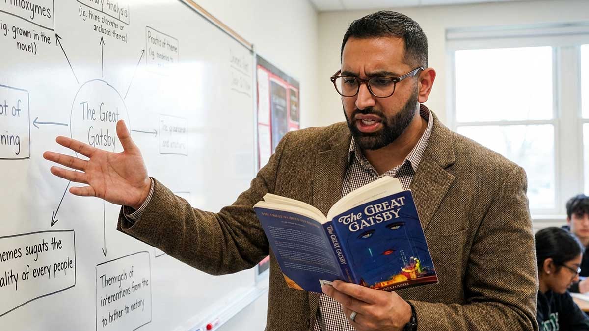 Mouhammad Elbannan acting as an overly enthusiastic English teacher analyzing a book