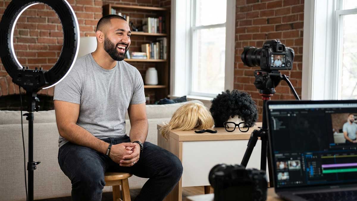 Behind the scenes of Mouhammad Elbannan filming a comedic skit with professional lighting