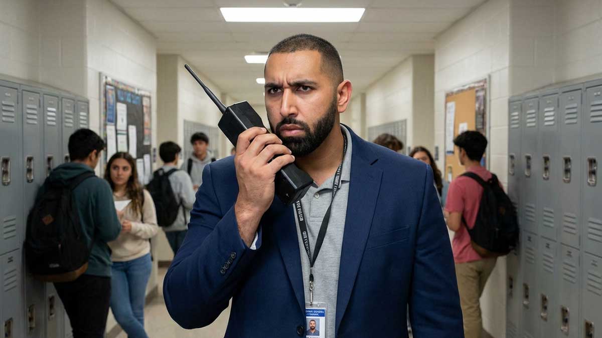 Mouhammad Elbannan dressed as a strict school principal holding a walkie talkie