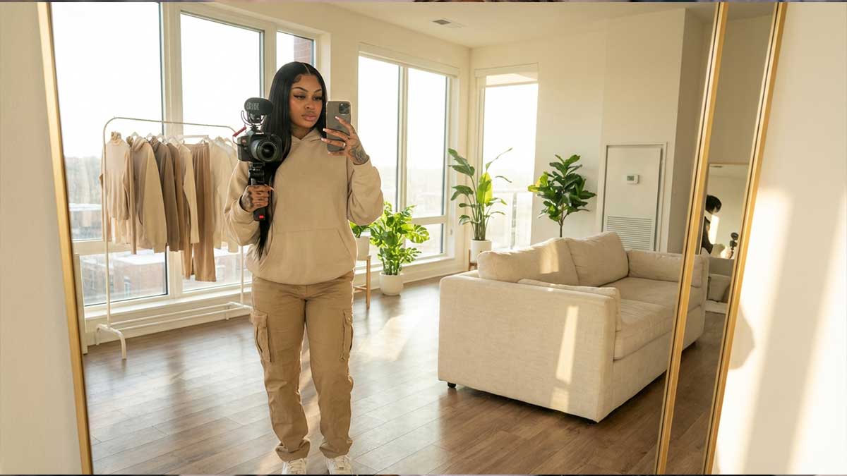 Theresa Coleman taking a stylish mirror selfie in a modern apartment showing her outfit