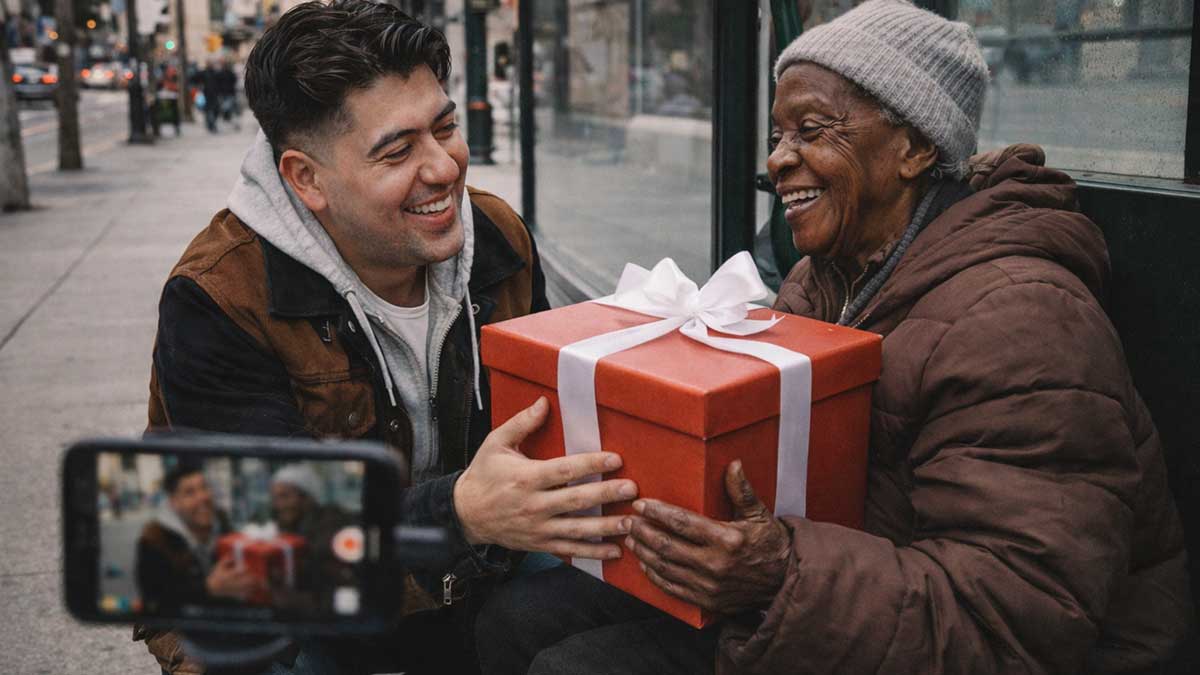 Isaiah Garza surprising a stranger with a gift on the street
