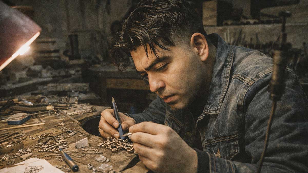 Isaiah Garza working on a jewelry design in his studio