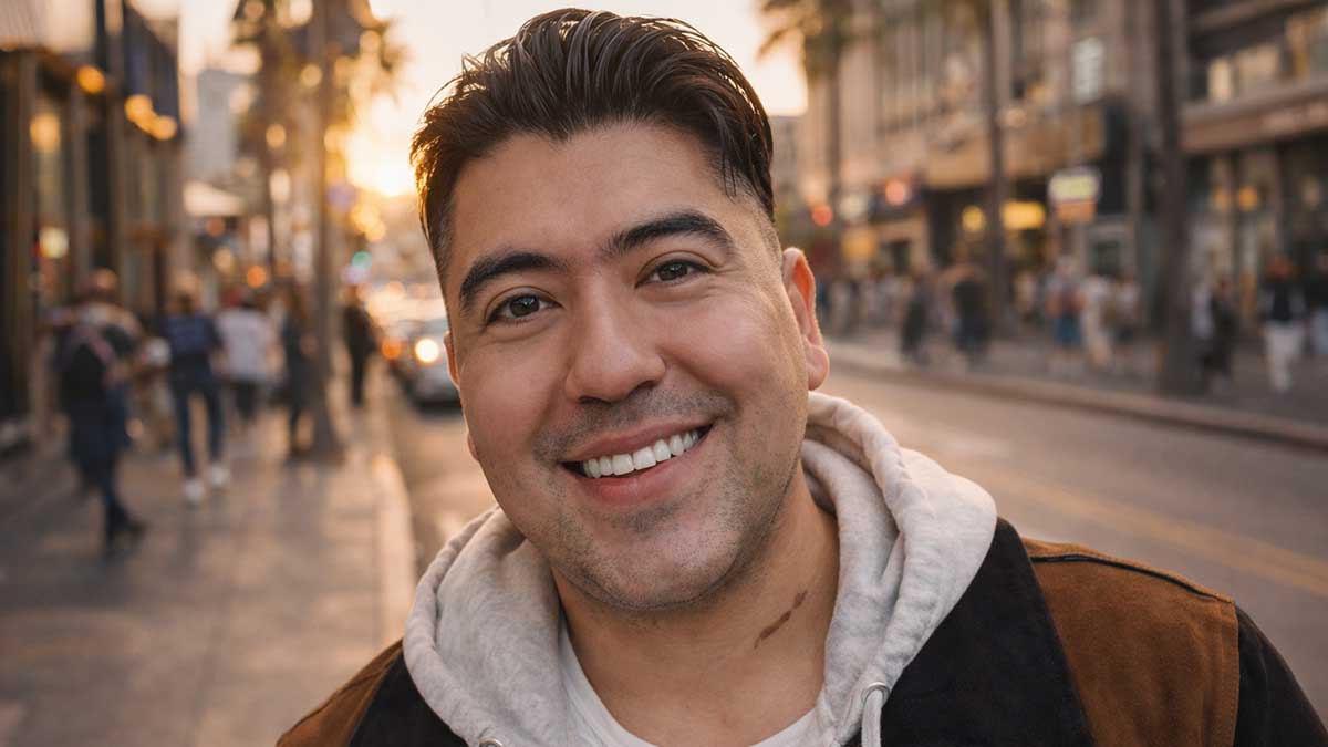 Isaiah Garza smiling during a motivational speech