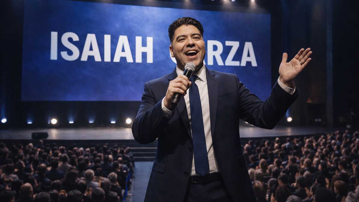 Isaiah Garza speaking on stage at a social impact conference