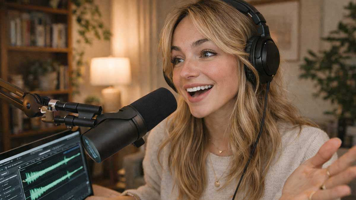 Kat Wellington recording an episode of her podcast with professional microphones