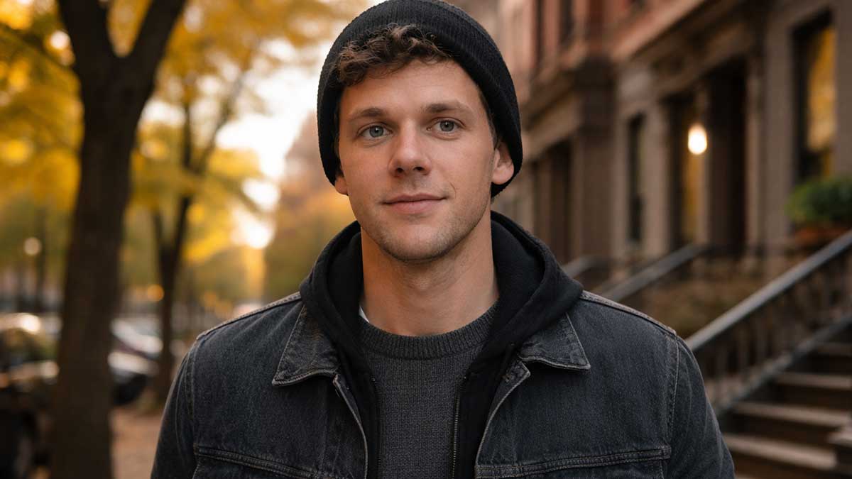 Candid street style photo of Sam Swank walking in New York City