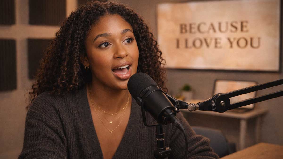 Bria Jones recording her Because I Love You podcast in a minimal, aesthetic studio setting