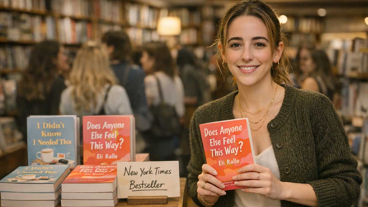 Eli Rallo holding her bestselling books in a bookstore