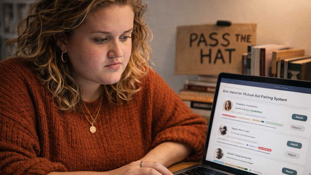 Erin Hattamer working on her digital mutual aid campaigns and comedy writing