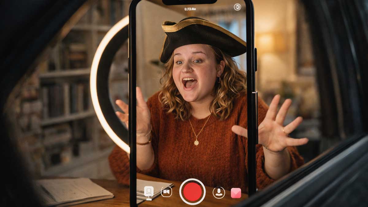 Erin Hattamer filming a hilarious historical sketch comedy video on TikTok