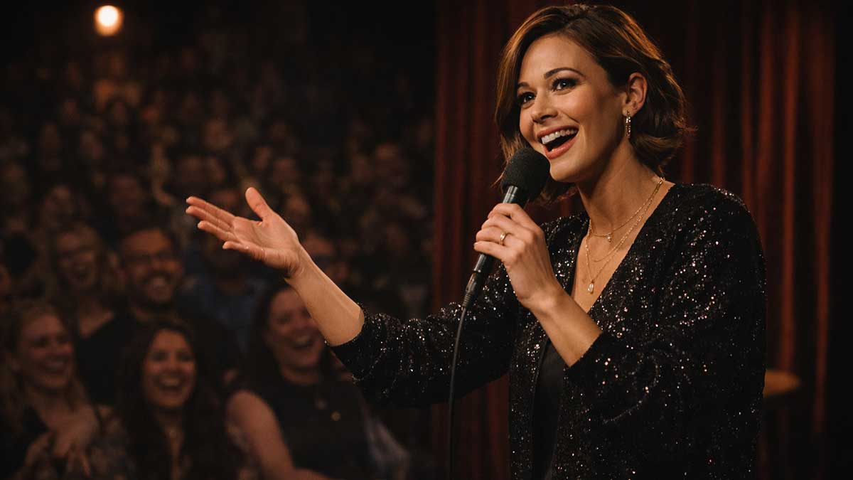 Lauren Compton performing live stand-up comedy on stage