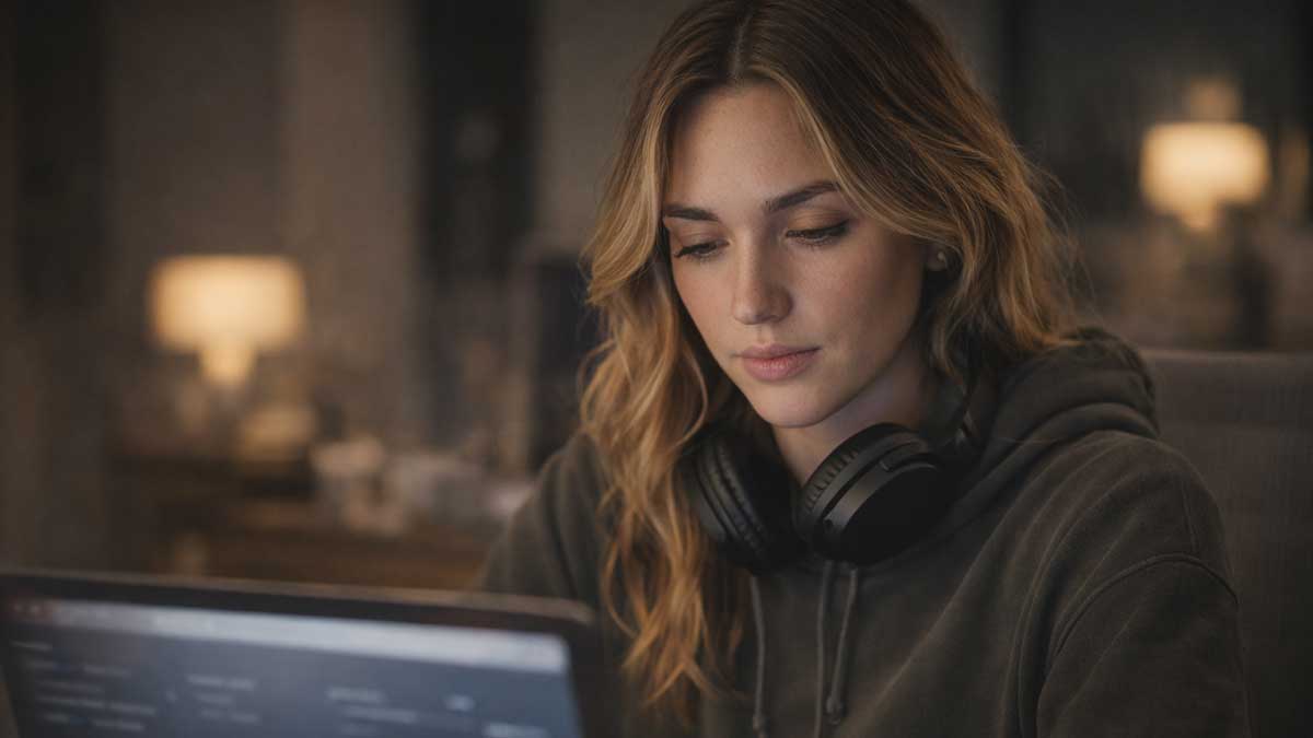 Megan Boni speaking in a podcast studio about her viral success