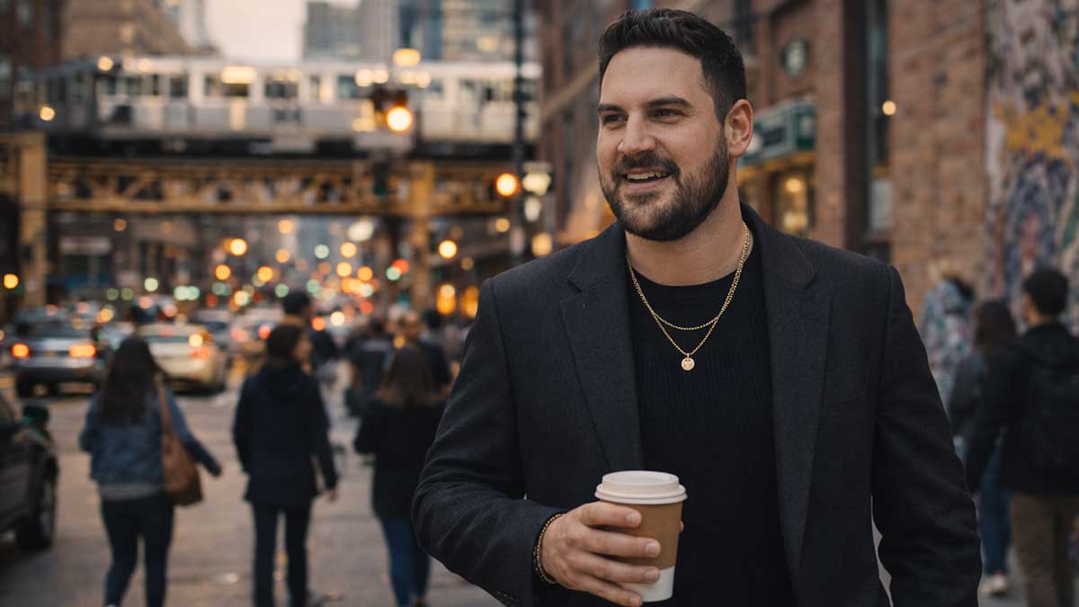 Candid style photo of Rod Thill casually walking in Chicago