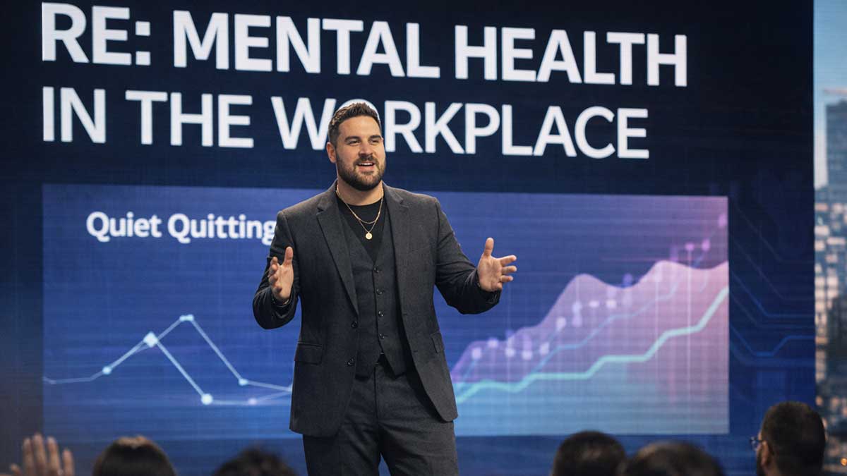 Rod Thill speaking on stage at a corporate event about mental health