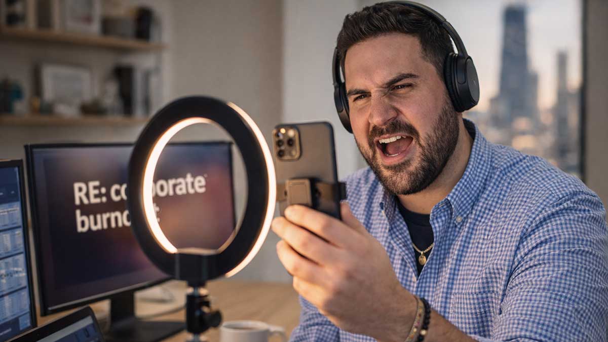 Rod Thill filming a relatable work from home corporate comedy sketch for TikTok