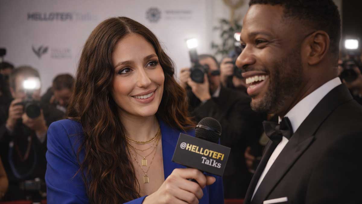 Tefi Pessoa interviewing a celebrity on a Hollywood red carpet