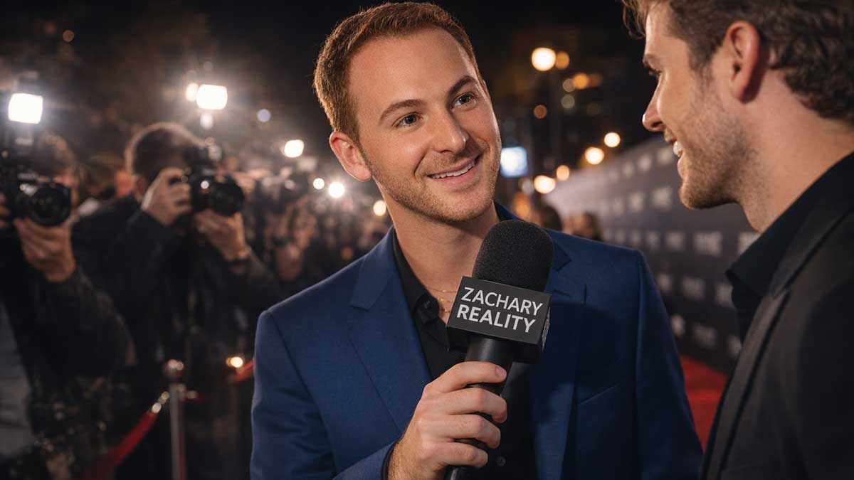 Zachary Reality interviewing a celebrity on a Hollywood red carpet event